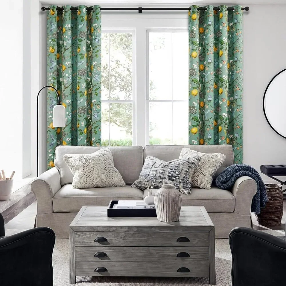 Floral Lemon Hummingbird Curtains Patterned Waverly Mid-Century Style